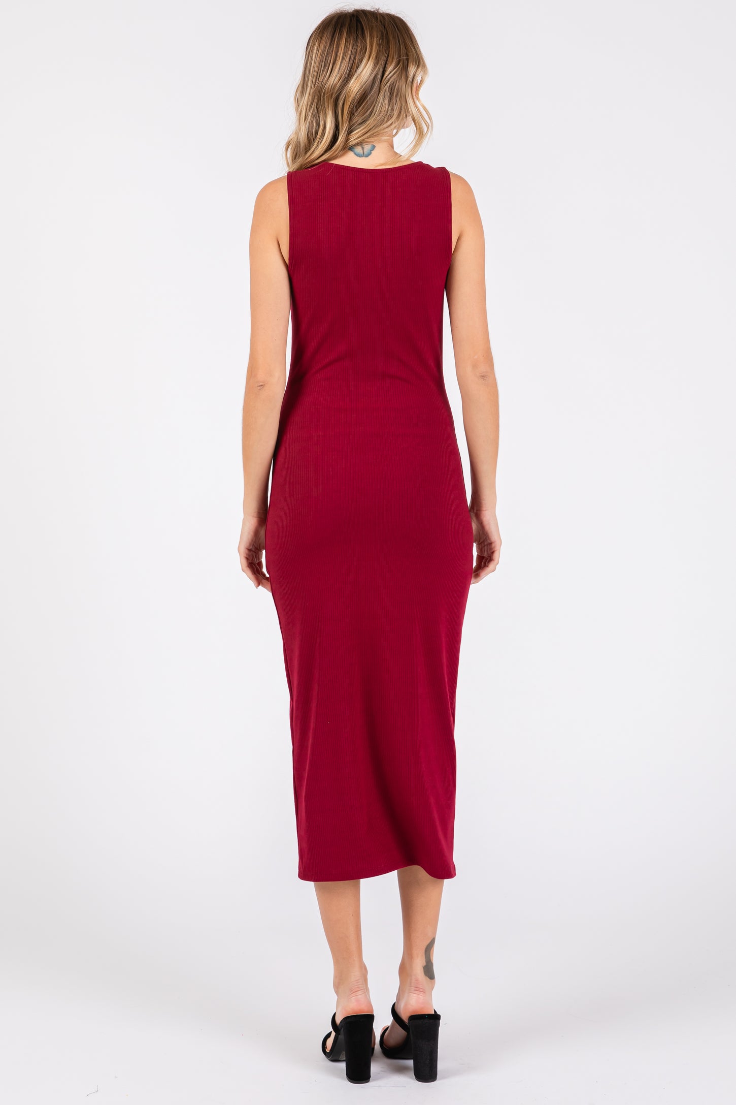 Burgundy Ribbed Sweetheart Neck Midi Dress