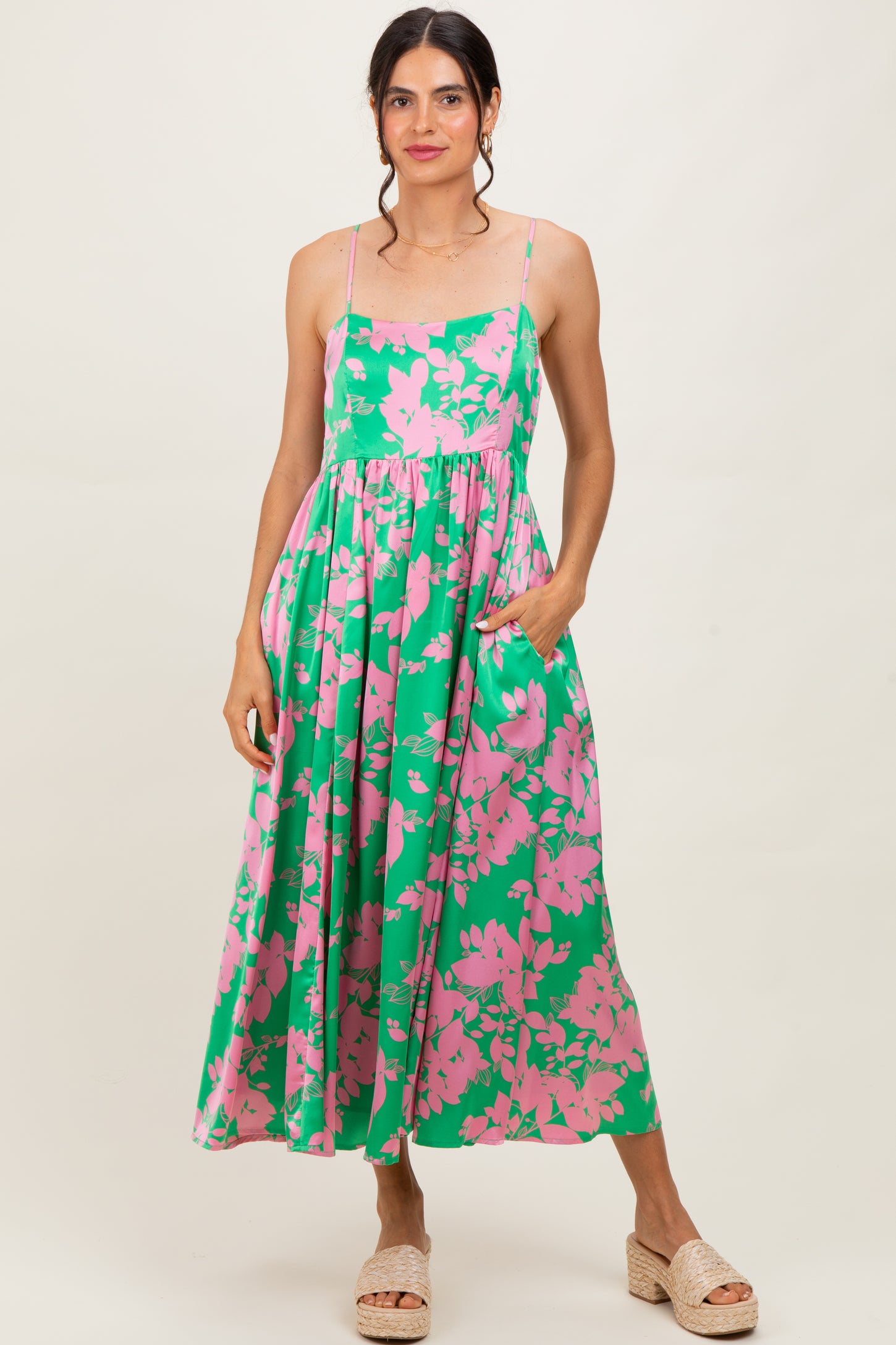 Pink Leaf Print Satin Square Neck Midi Dress
