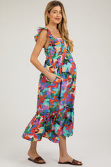 Blue Floral Satin Square Neck Ruffle Strap Maternity Midi Dress
