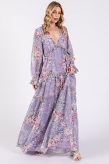 Lavender Floral Chiffon Deep V Ruffle Tiered Maternity Maxi Dress
