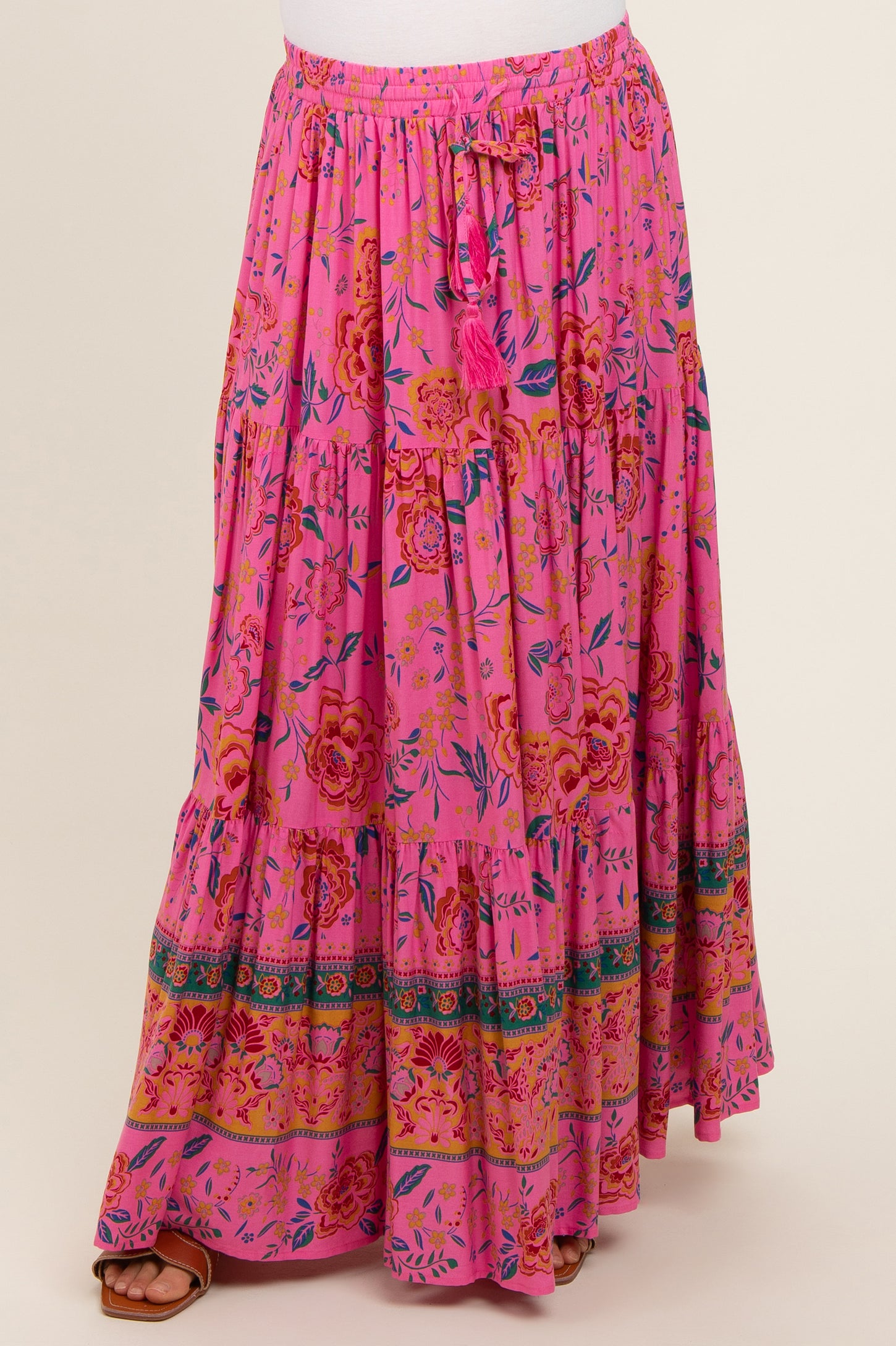 Pink Floral Tiered Maternity Maxi Skirt