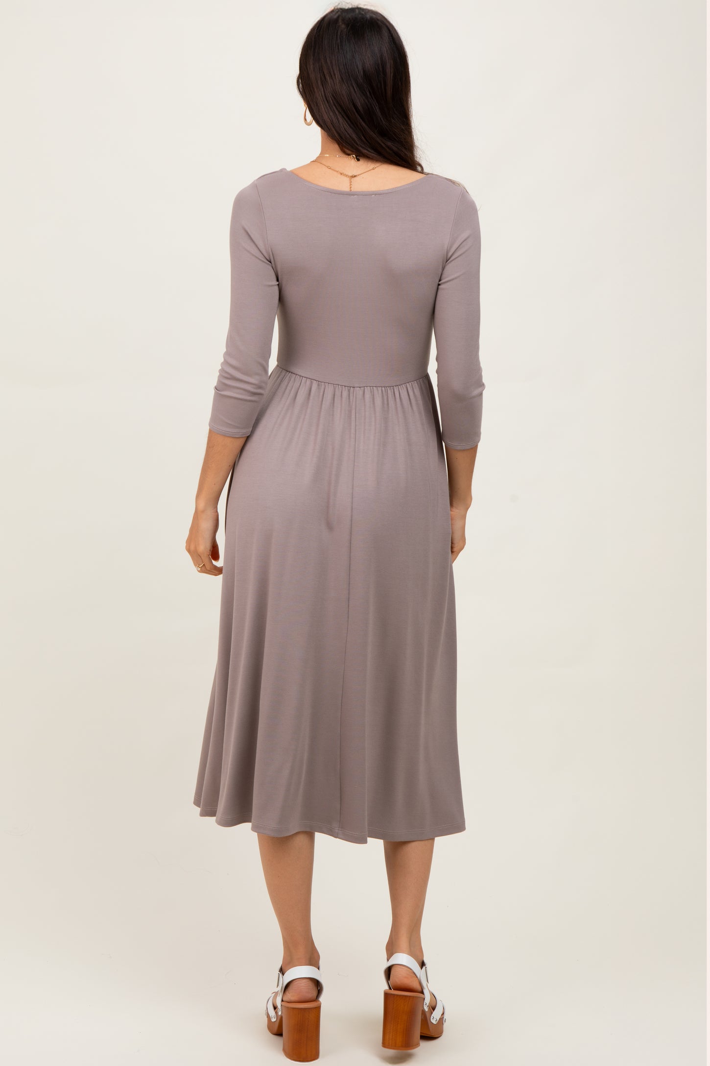 Mocha Square Neck 3/4 Sleeve Midi Dress