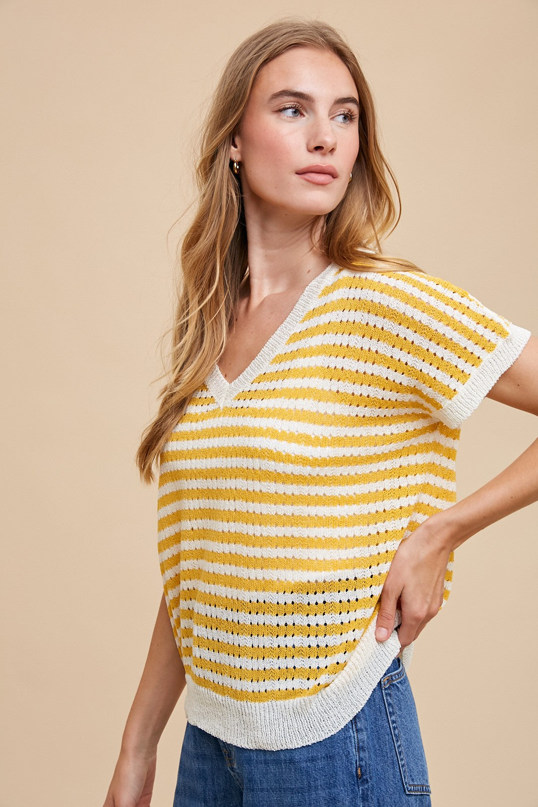 Mustard Striped Knit V-Neck Short Sleeve Top