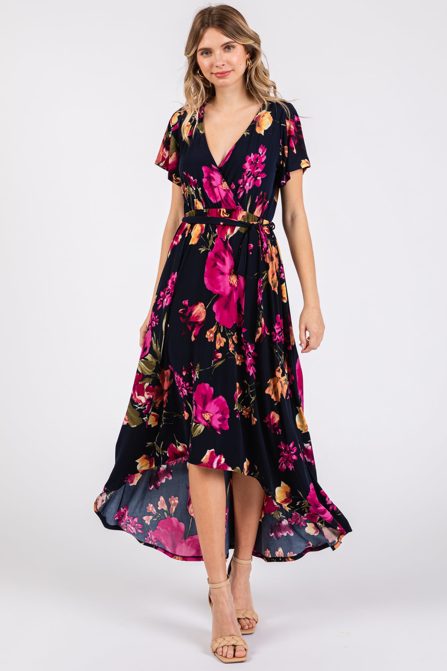 Navy Blue Floral Print Wrap Front V-Neck Hi-Low Maternity Midi Dress