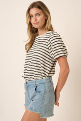 Black Striped Textured Puff Sleeve Top