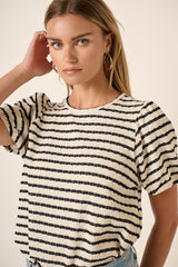 Black Striped Textured Puff Sleeve Top