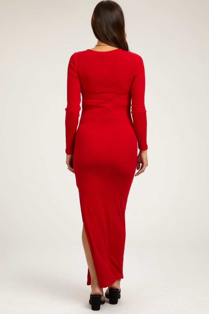 Red Ribbed Long Sleeve Side Slit Maternity Maxi Dress