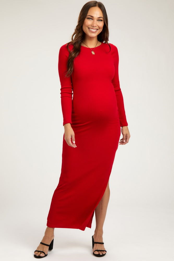 Red Ribbed Long Sleeve Side Slit Maternity Maxi Dress