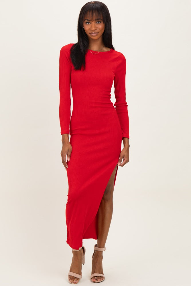 Red Ribbed Long Sleeve Side Slit Maternity Maxi Dress