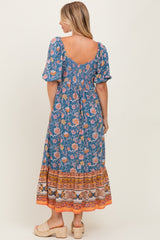 Blue Floral Front Twist Midi Dress