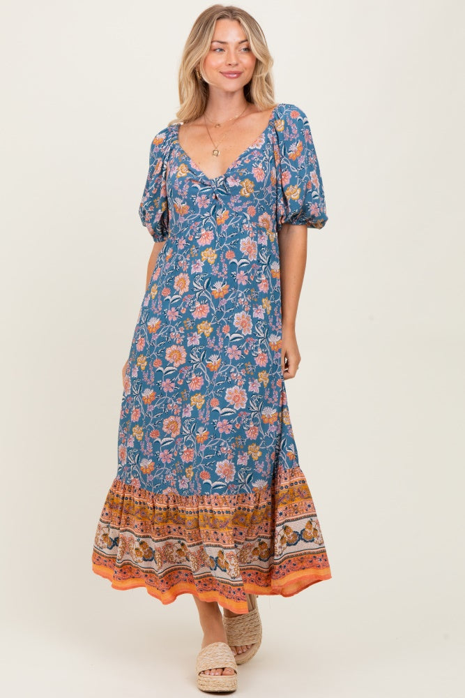 Blue Floral Front Twist Midi Dress
