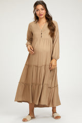 Taupe Button Front V-Neck Ruffle Tiered Maternity Midi Dress