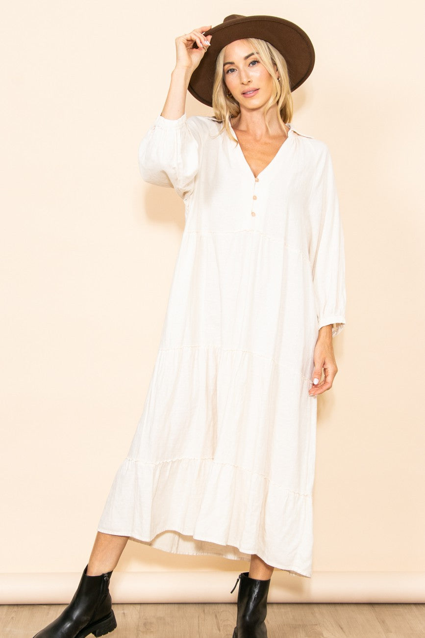 Ivory Button Front V-Neck Ruffle Tiered Maternity Midi Dress