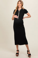 Black Ribbed Knit Collared Button Front Maternity Dress