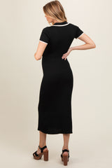 Black Ribbed Knit Collared Button Front Maternity Dress