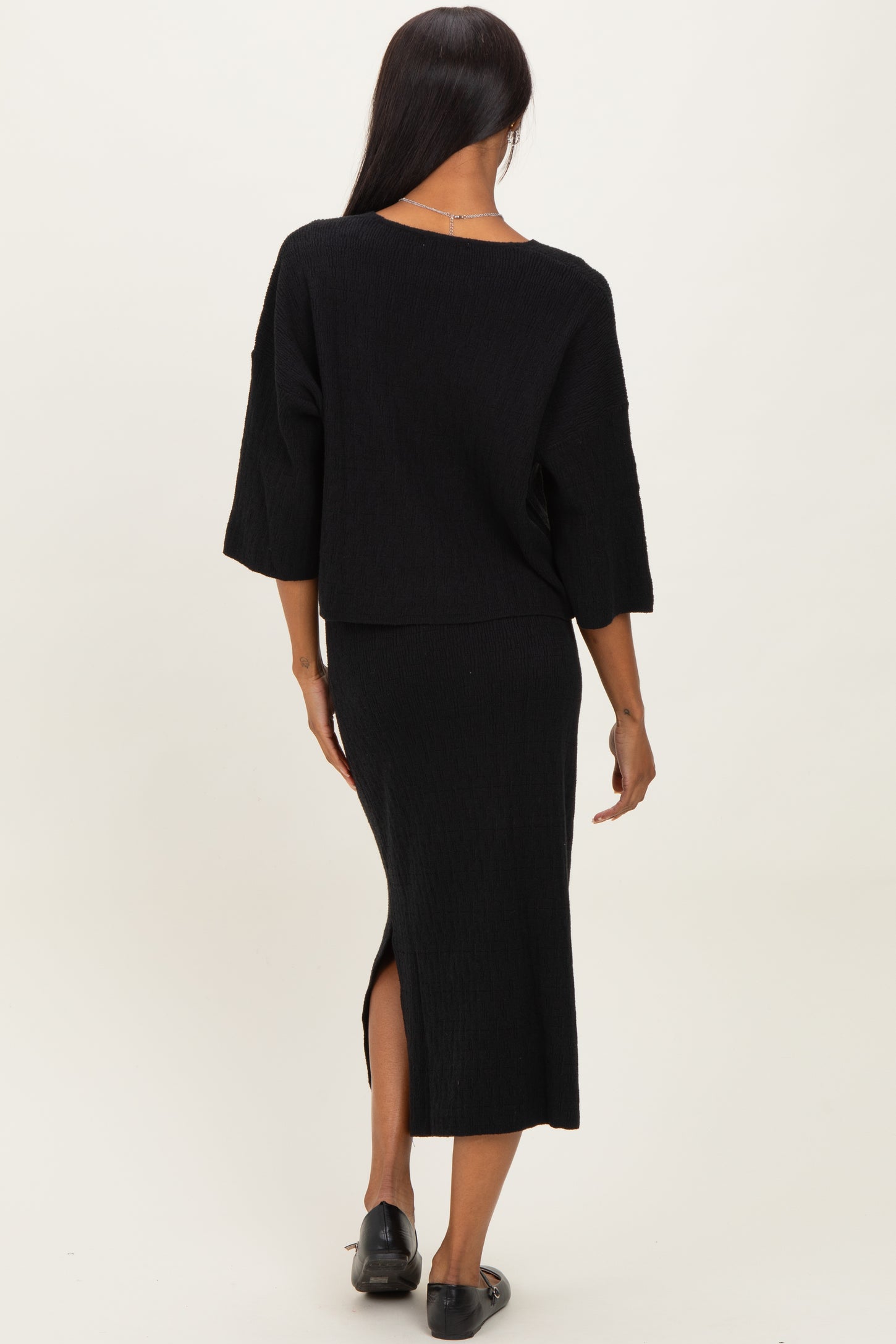 Black V-Neck Knit Skirt Set