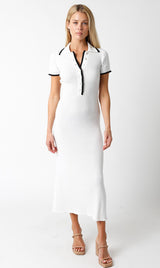 White Ribbed Knit Collared Button Front Maternity Dress