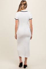 White Ribbed Knit Collared Button Front Maternity Dress