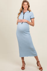 Light Blue Ribbed Knit Collared Button Front Maternity Dress