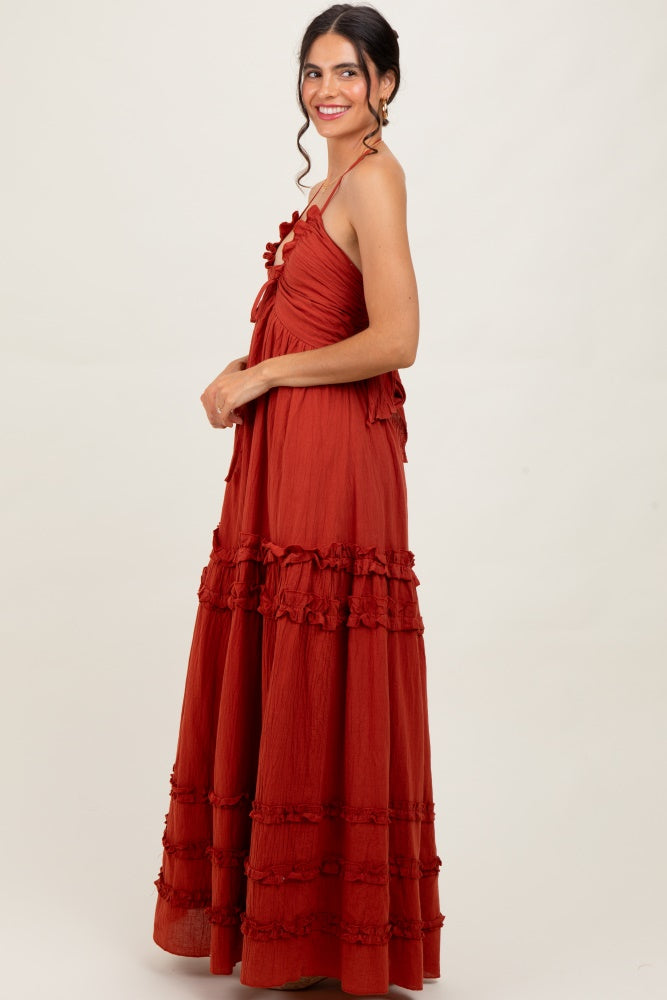 Rust Ruffle Ruched Deep V-Neck Maxi Dress