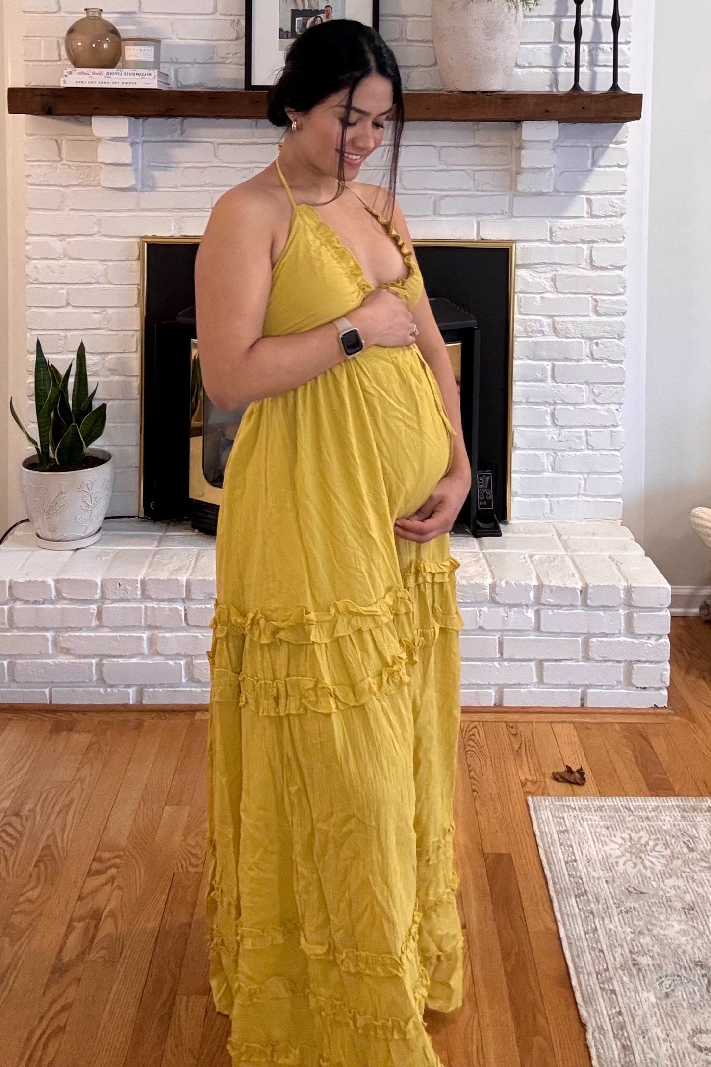 Yellow Ruffle Ruched Deep V-Neck Maternity Maxi Dress