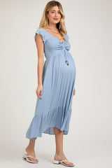 Light Blue Smocked Ruched Ruffle Hem Maternity Maxi Dress