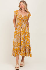 Yellow Tropical Print Smocked Short Sleeve Maxi Dress