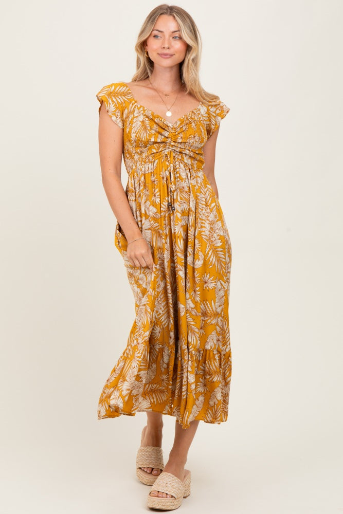 Yellow Tropical Print Smocked Short Sleeve Maxi Dress