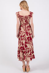 Burgundy Tropical Print Smocked Short Sleeve Maxi Dress