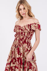 Burgundy Tropical Print Smocked Short Sleeve Maxi Dress