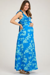 Blue Floral Ruffle V-Neck Back Cutout Maternity Maxi Dress