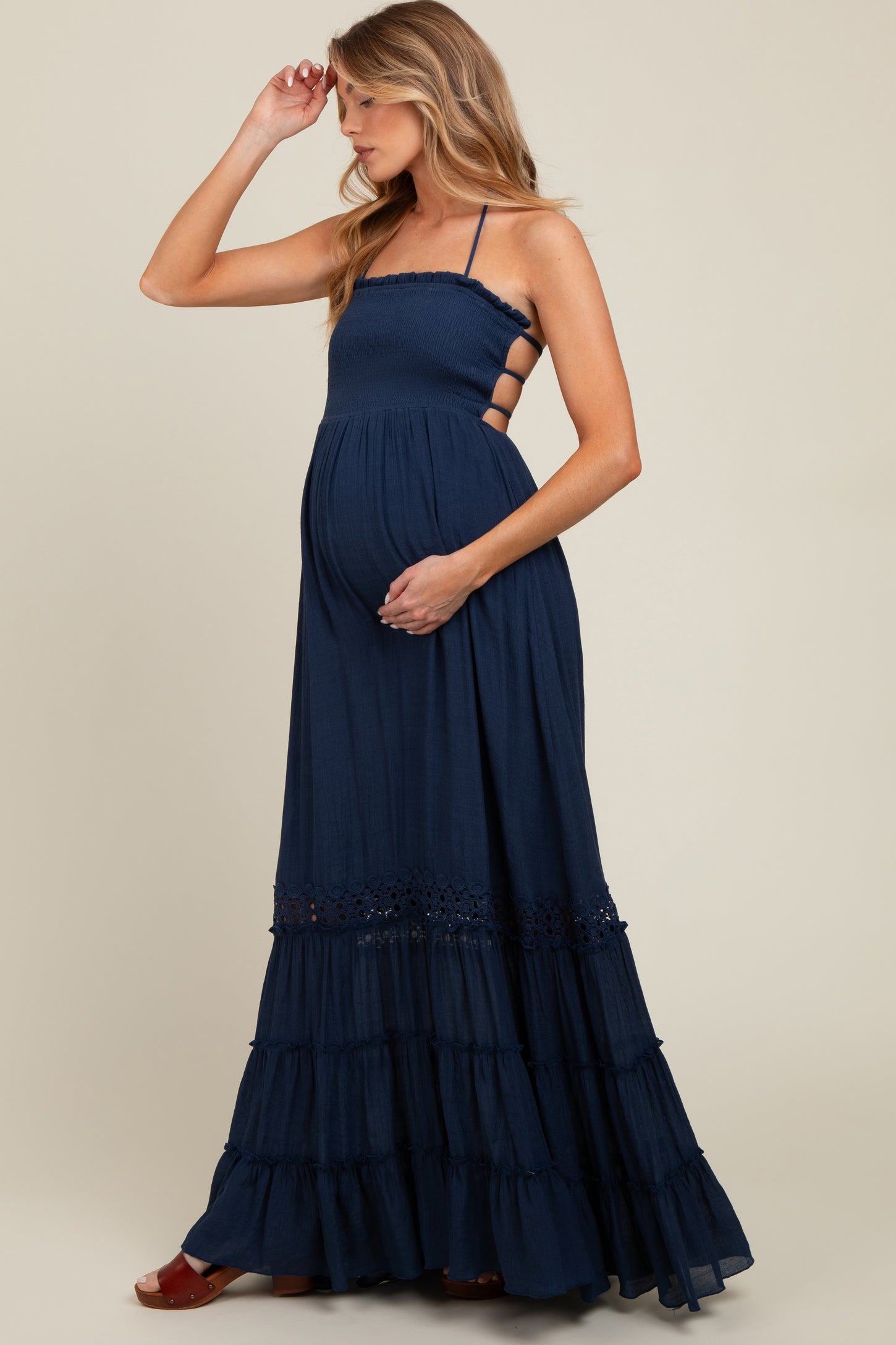 Navy Smocked Open Back Maternity Maxi Dress