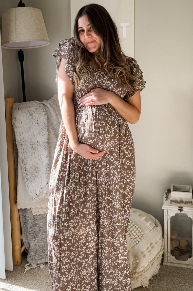 Mocha Floral Maternity Jumpsuit
