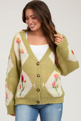 Green Floral Argyle Maternity Cardigan Sweater