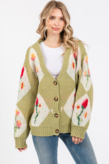 Green Floral Argyle Cardigan Sweater