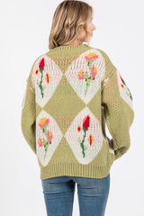 Green Floral Argyle Cardigan Sweater