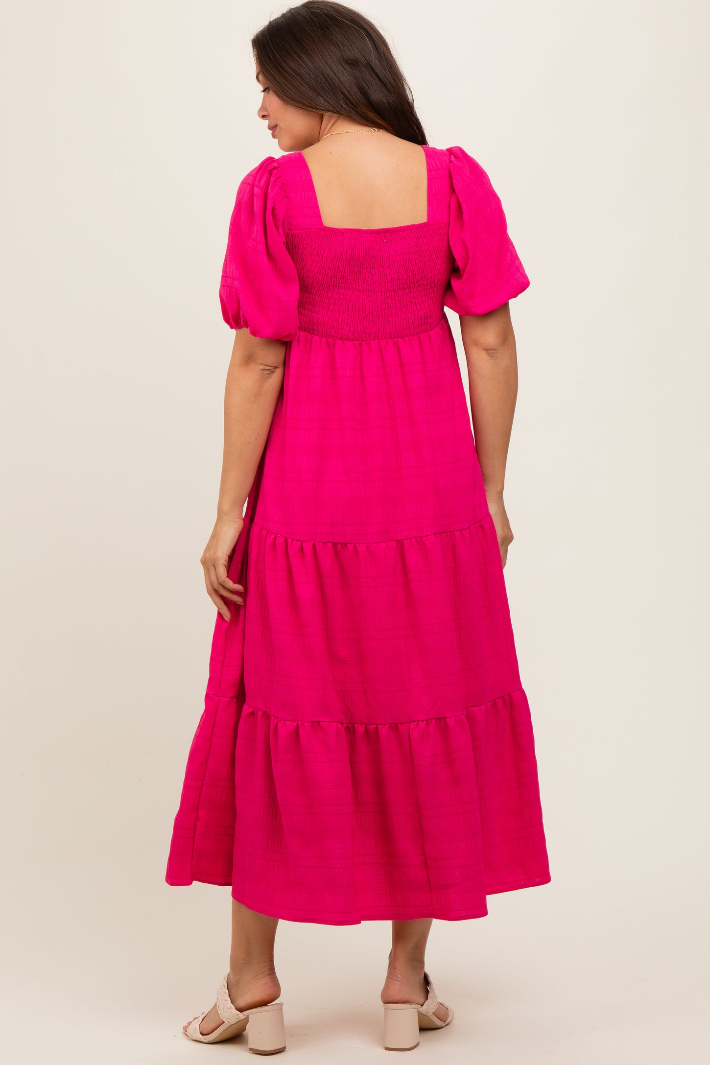 Fuchsia Textured Maternity Tiered Midi Dress