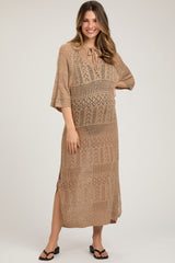 Taupe Open Knit Front Tie Side Slit Midi Maternity Swim Cover Up