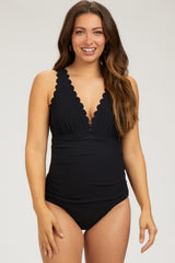 Black Scallop Trim Maternity One Piece Swimsuit