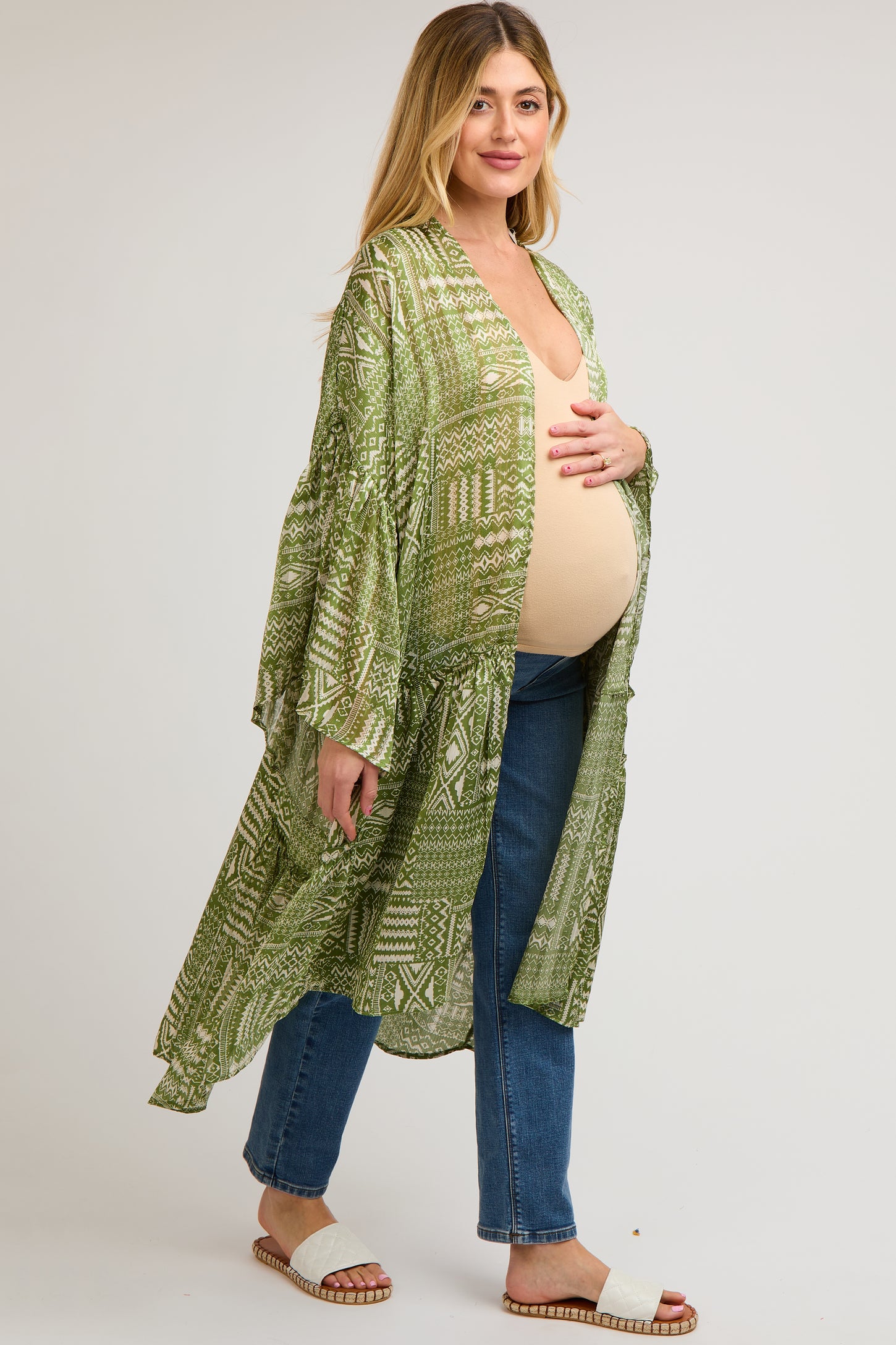 Light Olive Ruffle Wide Sleeve Maternity Cover Up