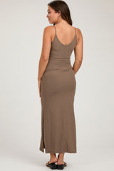 Taupe Ribbed Side Slit Maternity Maxi Dress