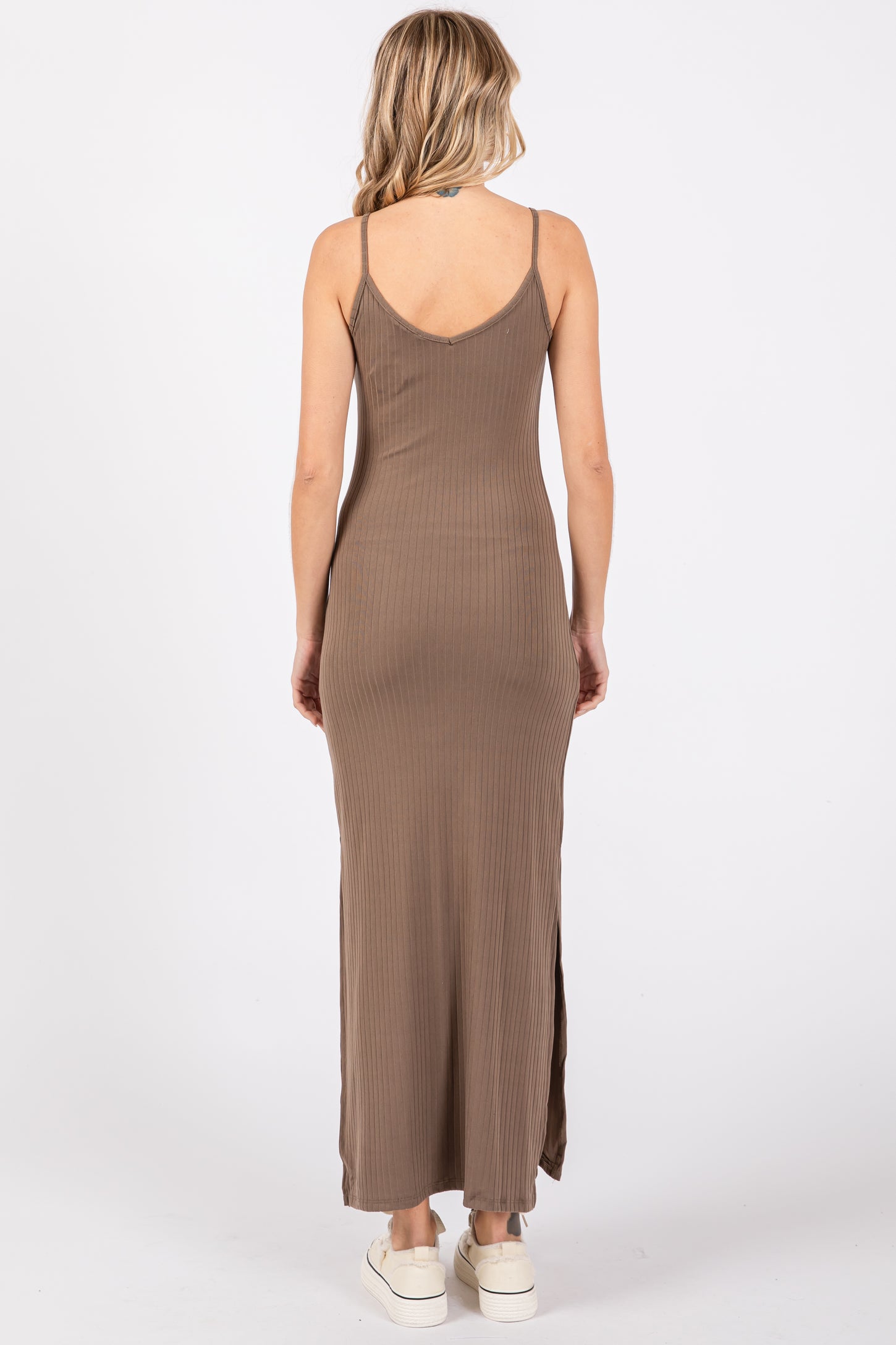 Taupe Ribbed Side Slit Maxi Dress