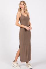 Taupe Ribbed Side Slit Maternity Maxi Dress