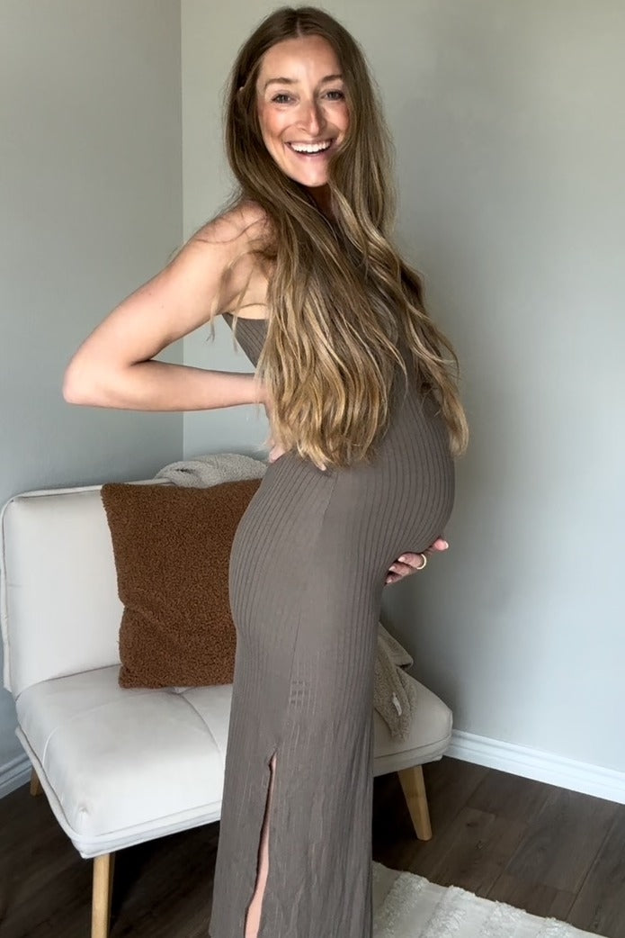 Taupe Ribbed Side Slit Maternity Maxi Dress