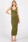 Olive Ruched V-Back Midi Dress