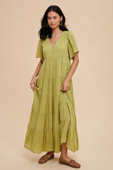 Green Button Detail Tiered Maternity Maxi Dress