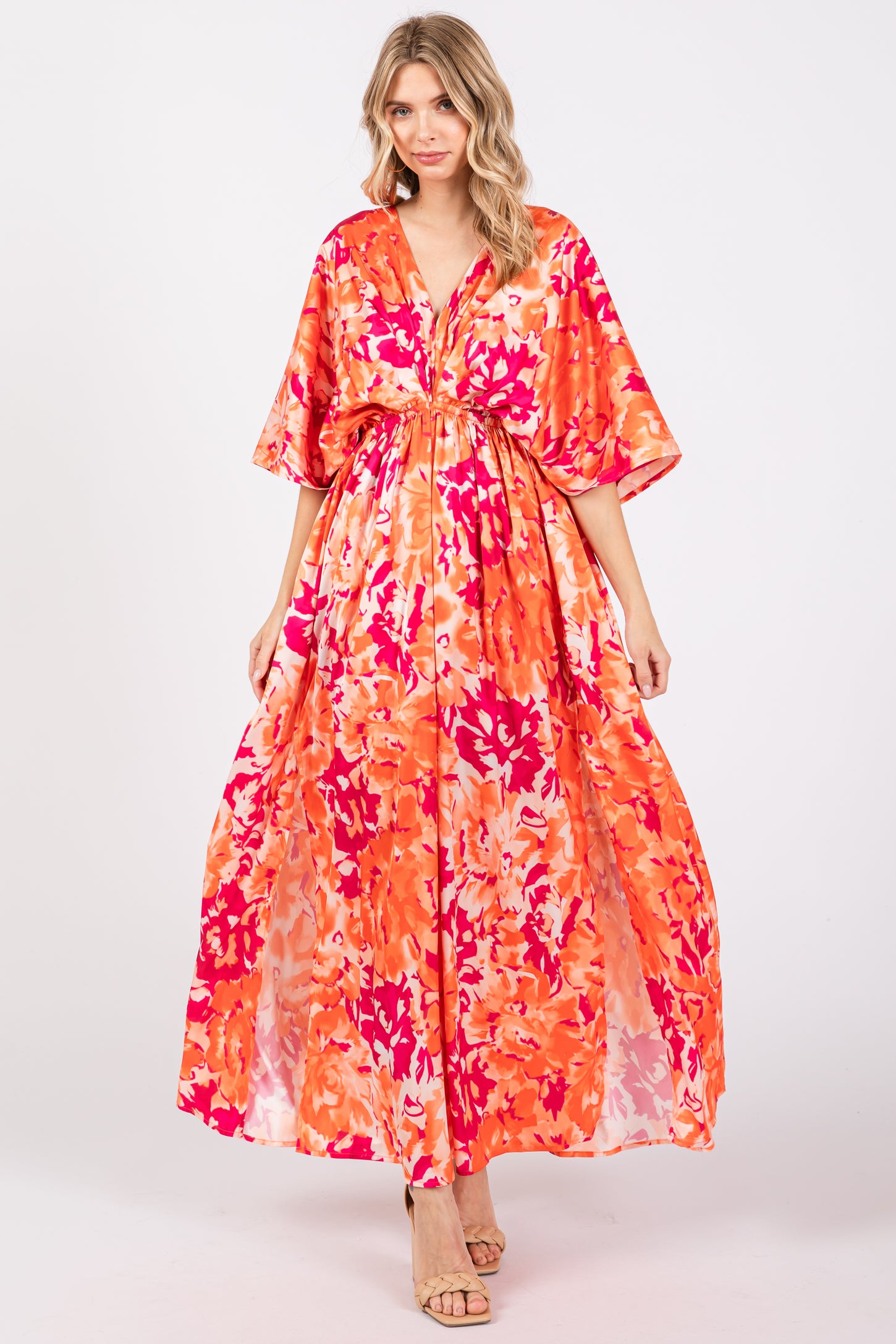 Orange Floral Satin V-Neck Maternity Maxi Dress