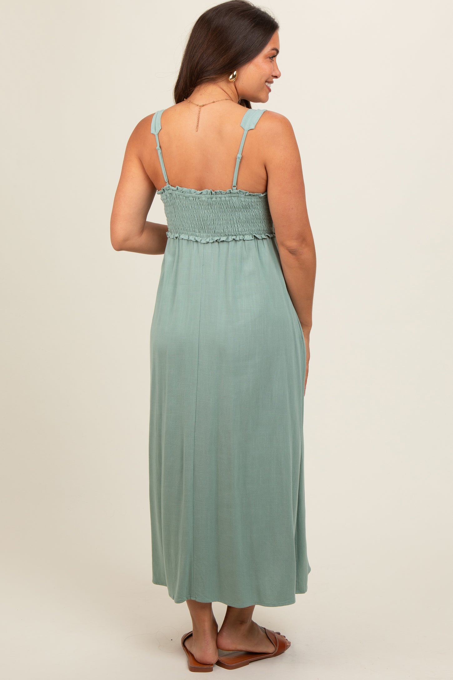 Light Olive Button Down Smocked Maternity Dress