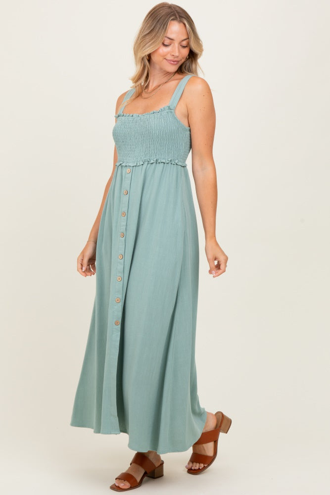 Light Olive Button Down Smocked Dress