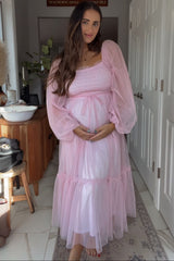 Pink Mesh Tiered Long Sleeve Maternity Maxi Dress